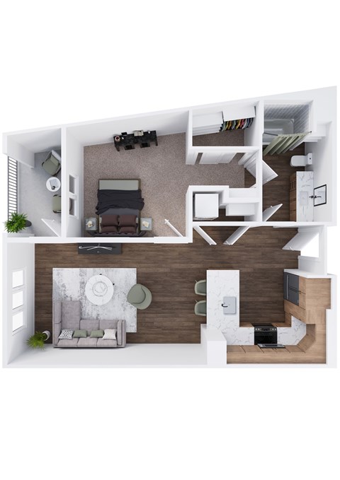 A top-down view of a modern living room and kitchen area.